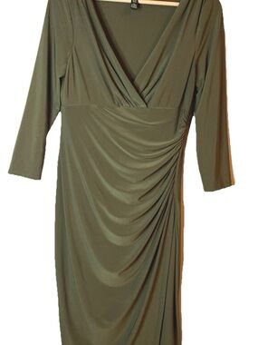 Ralph Lauren Olive Green Ruched V-Neck Midi Dress